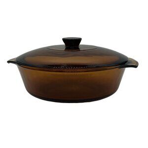 Vintage Fire King Clear Amber/Brown Round Casserole/Ovenware #437 1.5 Q w/lid